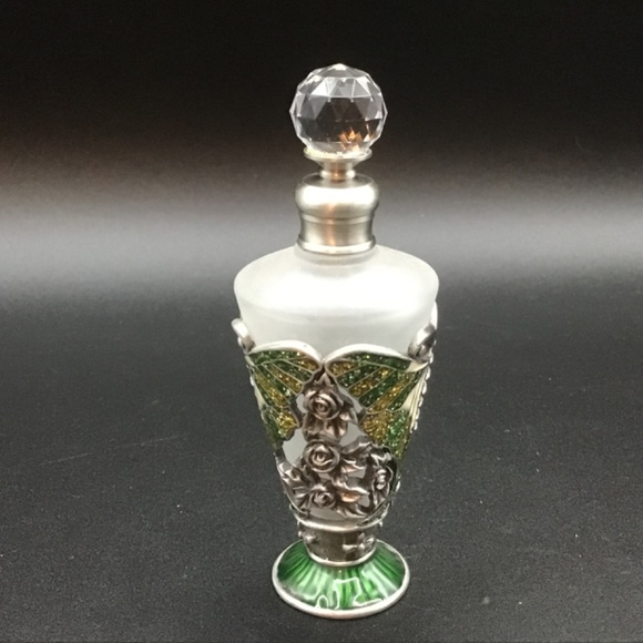 Perfume Bottle Retro Frosted Butterflies enamelled Lid jewelled Perfume Bottle - Picture 3 of 6